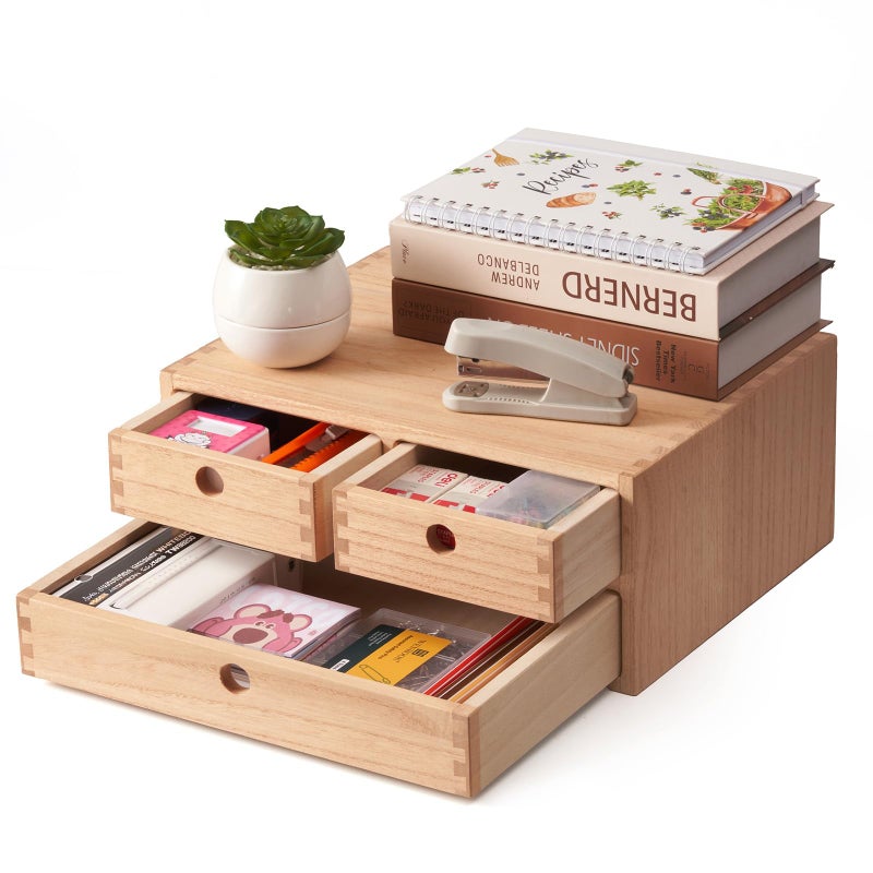 Kirigen Natural Wooden Desktop Organizer - Office Supplies Filing Tidy Storage Shelf - Storage Cabinet/Jewelry Organizer with 3 Drawers (NA, 2-Layer &3 Drawers) - Image 1